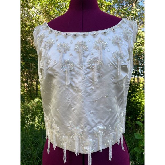 Vintage 1960s Satin Silk glass dangle Bead  Formal Top Tank Hong Kong - Picture 2 of 16